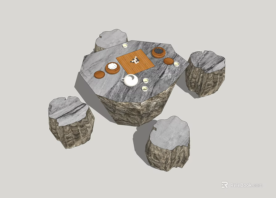 Natural Style Round Stone Table With Stump Chairs And Chessboard Pattern Teacups 3d model