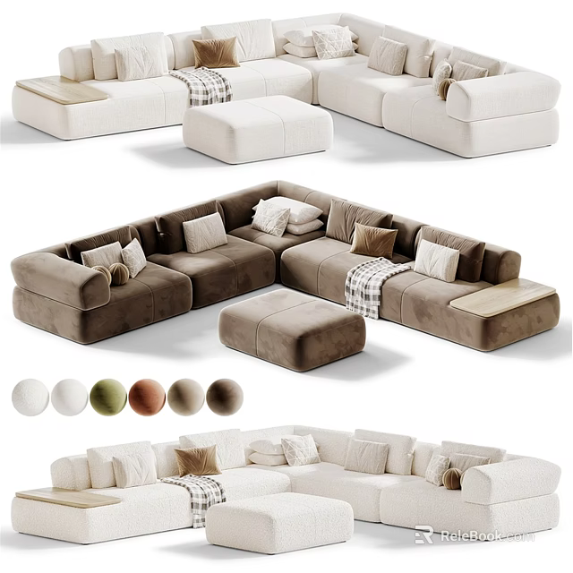 Stylish Double Sofa Design With Plush Pillows And Ottoman Multiple Color Options 3d model 