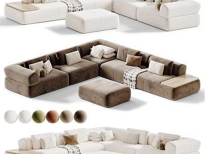 Stylish Double Sofa Design With Plush Pillows And Ottoman Multiple Color Options 3d model