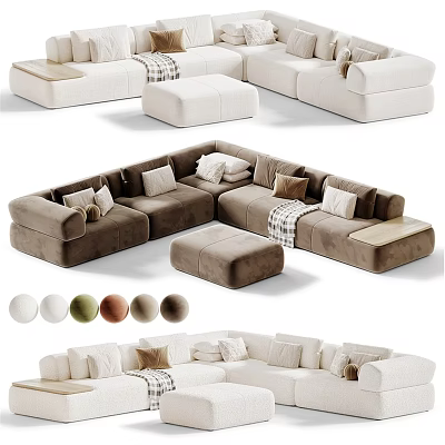 Stylish Double Sofa Design With Plush Pillows And Ottoman Multiple Color Options 3d model