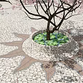 Circular Plaza Landscape With Cobblestone Ground Central Pink Flowering Tree And Surrounding Pavilions