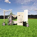 Outdoor Floral Decor With Wooden Frame Purple White Flowers Green Lawn And Guest Gallery Board