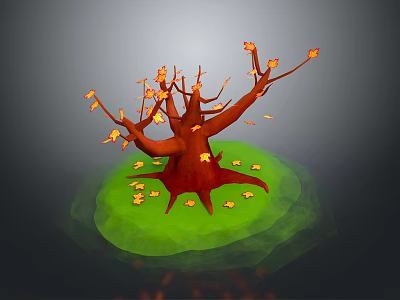 Red Trunk Tree With Yellow Leaves On Green Ground And Scattered Fallen Leaves 3d model