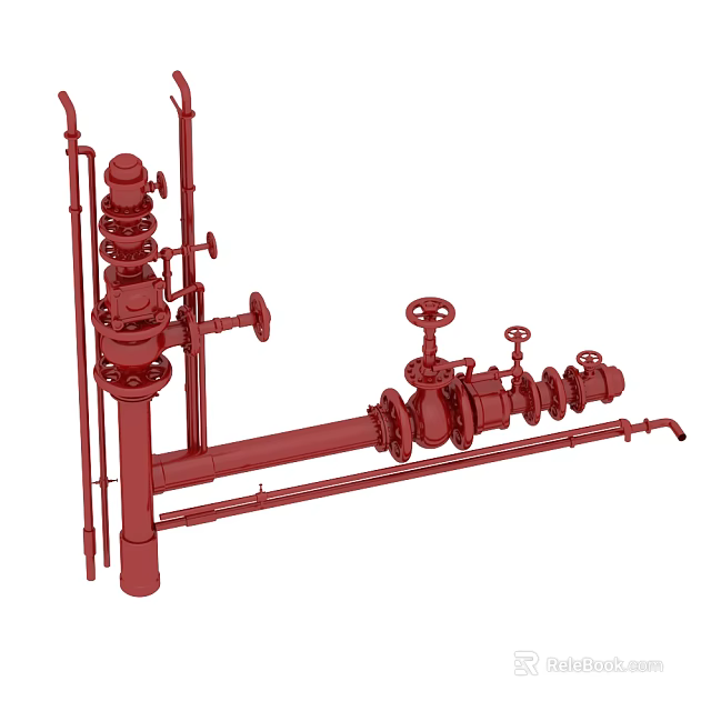 Red Industrial Piping System With Valves And Mechanical Components 3d model