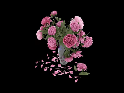 Beautiful Pink Flowers Arranged In Glass Vase With Scattered Petals On Black Background 3d model