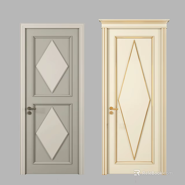 Stylish Gray And Beige Hinged Doors With Diamond Patterns Golden Lines And Metal Handles 3d model 