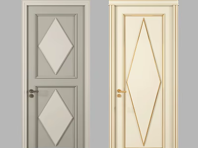 Stylish Gray And Beige Hinged Doors With Diamond Patterns Golden Lines And Metal Handles 3d model