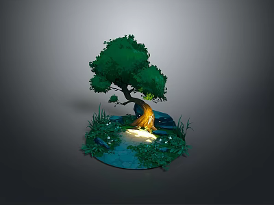 Green Tree with Illuminated Trunk Base Surrounded by Grass Small Flowers and Puddle 3d model