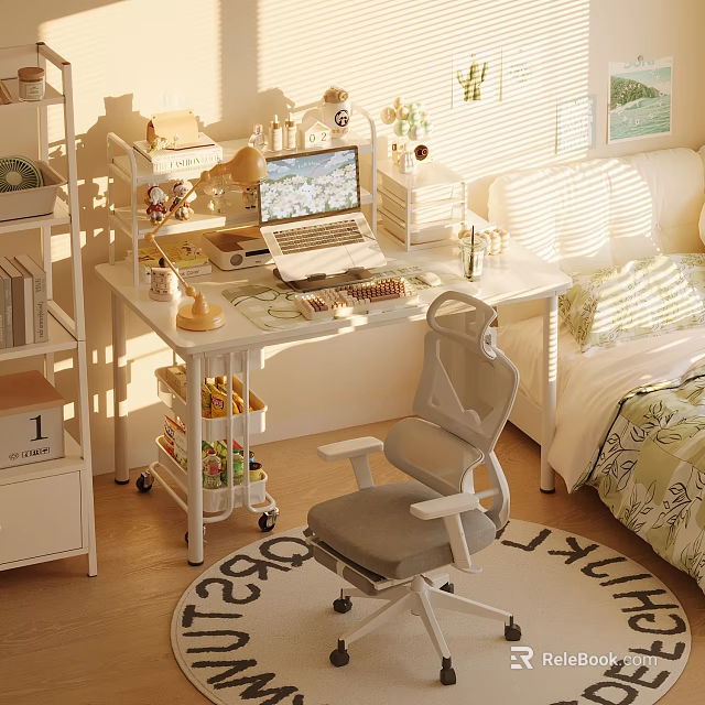 Modern Desk and Chair Set in Bright Room with Natural Light and Laptop 3d model 
