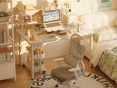 Modern Desk and Chair Set in Bright Room with Natural Light and Laptop 3d model