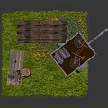 Rustic Outdoor Scene With Wooden Shed Stacked Logs Workbench Stump And Trailer On Green Grass
