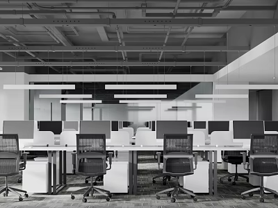 Modern Public Office Space With Workstations Office Chairs Desks And Pendant Lighting 3d model