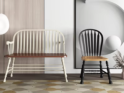 Modern White and Black Leisure Chairs with Wooden Seats and Geometric Floor Design 3d model