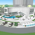 Modern Blue Curved Sales Office Building With Glass Curtain Walls Fountains And Evening Sky Plaza