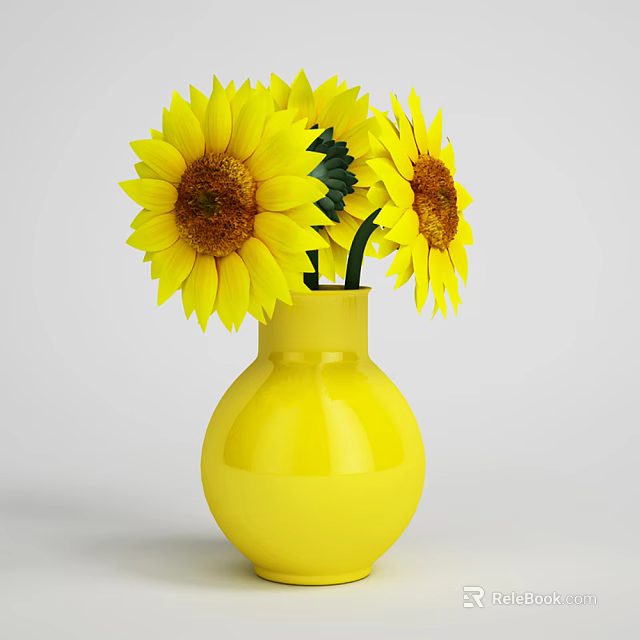 Bright Yellow Sunflowers Beautifully Arranged In Round Yellow Vase For Home Decor 3d model 