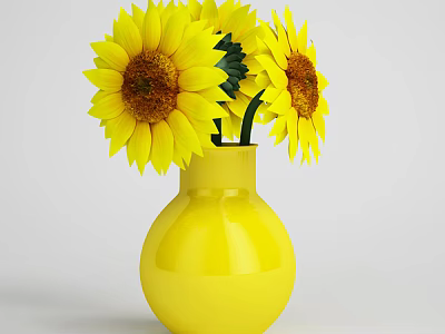 Bright Yellow Sunflowers Beautifully Arranged In Round Yellow Vase For Home Decor 3d model