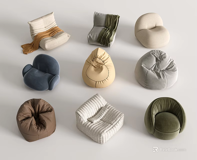 Different Styles And Colors Of Soft Fabric Bean Bag Chairs For Living Room Decor 3d model 