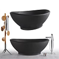 Modern Black Stone Bathtub Design With Wooden Towel Rack And Silver Faucet