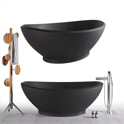Modern Black Stone Bathtub Design With Wooden Towel Rack And Silver Faucet 3d model