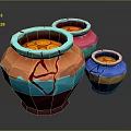 Three Colorful Cracked Ceramic Sculptures Vibrant Pottery Vessels With Gold Coin Details Inside