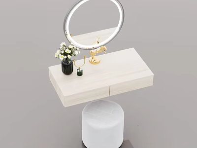 Modern Dressing Table With Round Mirror Vase Flowers And Upholstered Stool Design 3d model