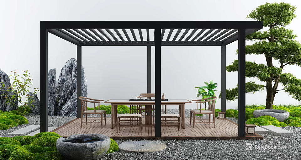 Outdoor Wooden Pergola with Table Chairs Stone Decoration Green Plants and Rock Feature 3d model 