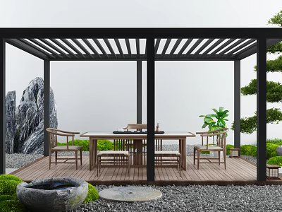 Outdoor Wooden Pergola with Table Chairs Stone Decoration Green Plants and Rock Feature 3d model