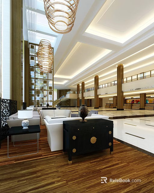 Hotel Lobby Interior Design With Elegant Chandelier White Sofas And Wooden Columns 3d model 