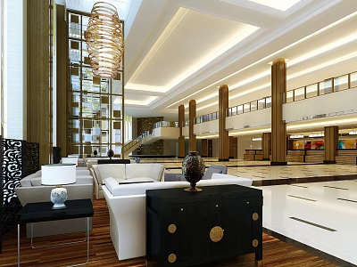 Hotel Lobby Interior Design With Elegant Chandelier White Sofas And Wooden Columns 3d model