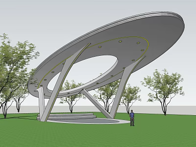 Modern Pergola Design Featuring Circular Canopy Supporting Columns Green Lawn And Trees 3d model