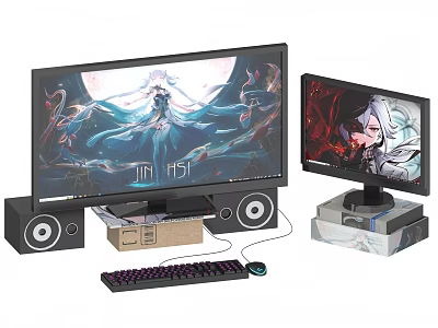 Gaming Computer Setup With Dual Monitors Anime Wallpapers RGB Keyboard Speakers And Mouse 3d model