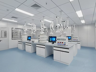 Modern Laboratory Interior With White Lab Benches Computers Fume Hoods Blue Flooring And White Ceiling 3d model