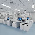 Modern Laboratory Interior With White Lab Benches Computers Fume Hoods Blue Flooring And White Ceiling