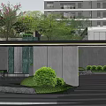 Modern Entrance Gate With Green Plants Stone Pavement And High Rise Building Background