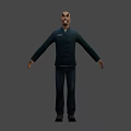 3D Model Of Bald Man With Exaggerated Grin In Dark Coat And Badge