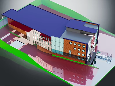 Modern Building 3D Model With Colorful Exterior Walls Blue Roof Round Windows And Glass Panels 3d model