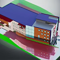 Modern Building 3D Model With Colorful Exterior Walls Blue Roof Round Windows And Glass Panels