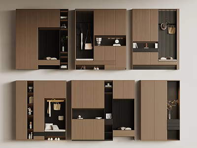 Modern Wooden Storage Cabinets With Organized Shelves Hanging Space And Drawers 3d model