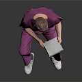 Game Movie Character in Pink Scrubs Sitting on Reflective Ground Holding Tablet with Gray Background