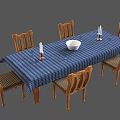 Dining Table Set Blue Checkered Tablecloth With White Bowl Candles And Wooden Chairs Striped Seats
