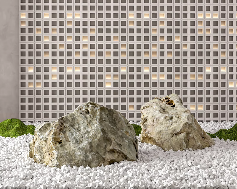 Garden Decor With Two Stones White Pebbles Green Moss And Lattice Wall Lighting 3d model 