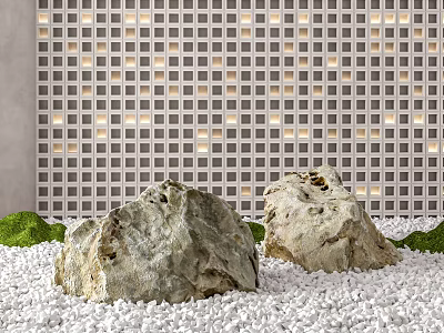 Garden Decor With Two Stones White Pebbles Green Moss And Lattice Wall Lighting 3d model