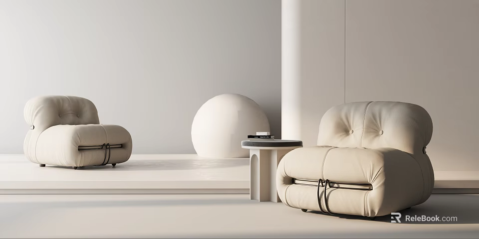 Pair of Modern Minimalist Beige White Leather Accent Chairs With Side Table In Living Room 3d model 