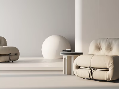 Pair of Modern Minimalist Beige White Leather Accent Chairs With Side Table In Living Room 3d model