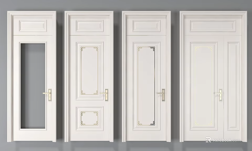 White Interior Hinged Doors With Various Decorative Panels And Glass Insert Designs 3d model