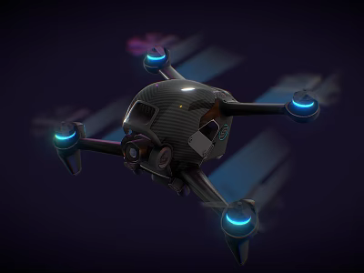 Modern Drone With Four Propellers Blue LED Lights And Dark Carbon Fiber Body 3d model