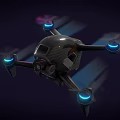Modern Drone With Four Propellers Blue LED Lights And Dark Carbon Fiber Body