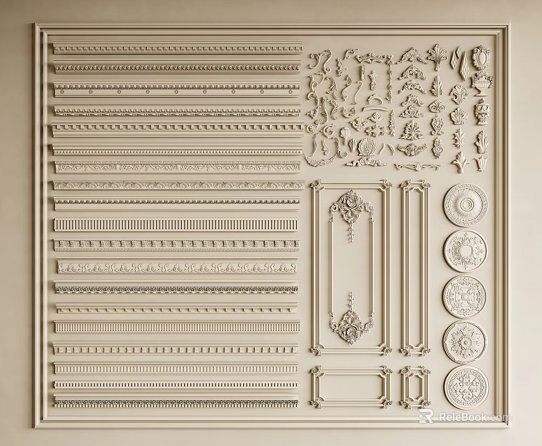 Various Plaster Moulding Styles With Decorative Patterns Ornamental Strips And Circular Motifs 3d model 