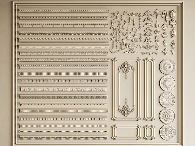 Various Plaster Moulding Styles With Decorative Patterns Ornamental Strips And Circular Motifs 3d model