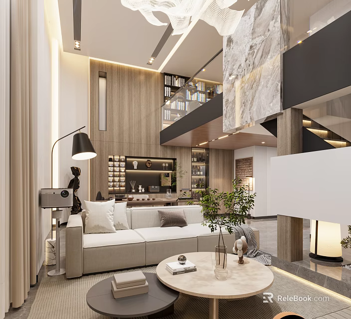 Duplex Living Room Interior Design With Sofa Coffee Table And Wooden Staircase 3d model 